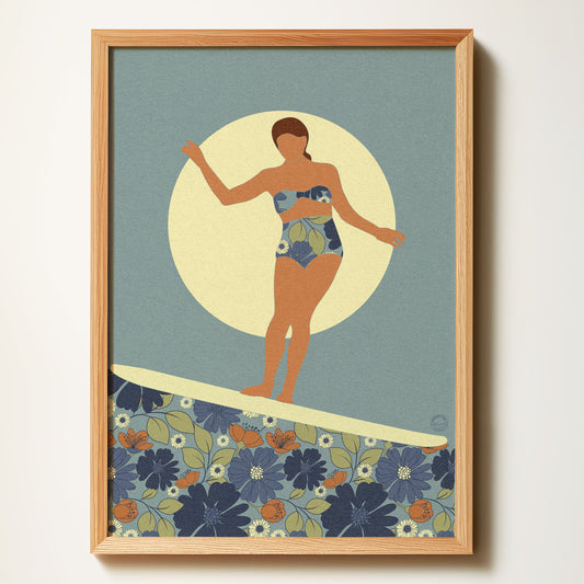 Floral Surfer Moody Blue Art Print