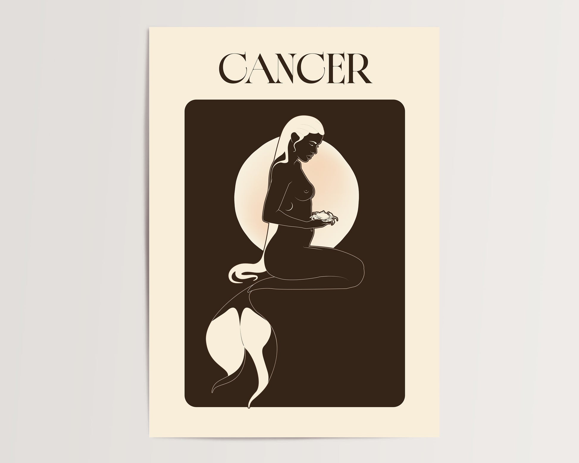 Zodiac sign poster for Cancer with a silhouette of a woman holding a shell against a beige background.