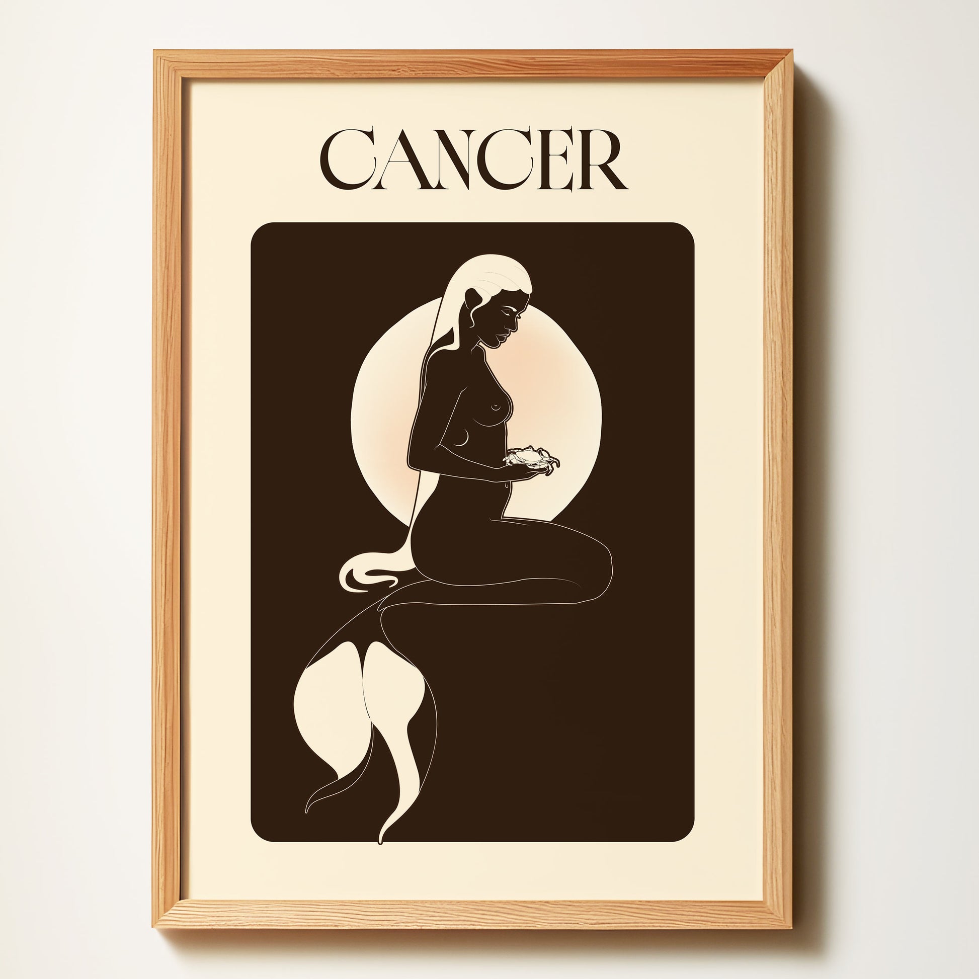 Framed artwork with a silhouette of a woman and the word 'Cancer' on a beige background