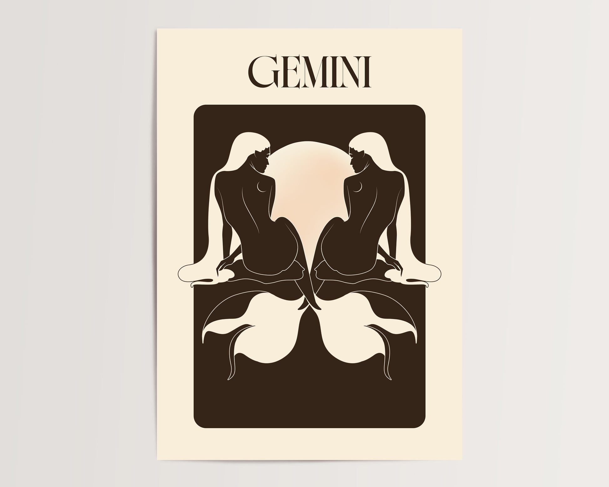 Poster of Gemini zodiac sign with silhouette design on beige background