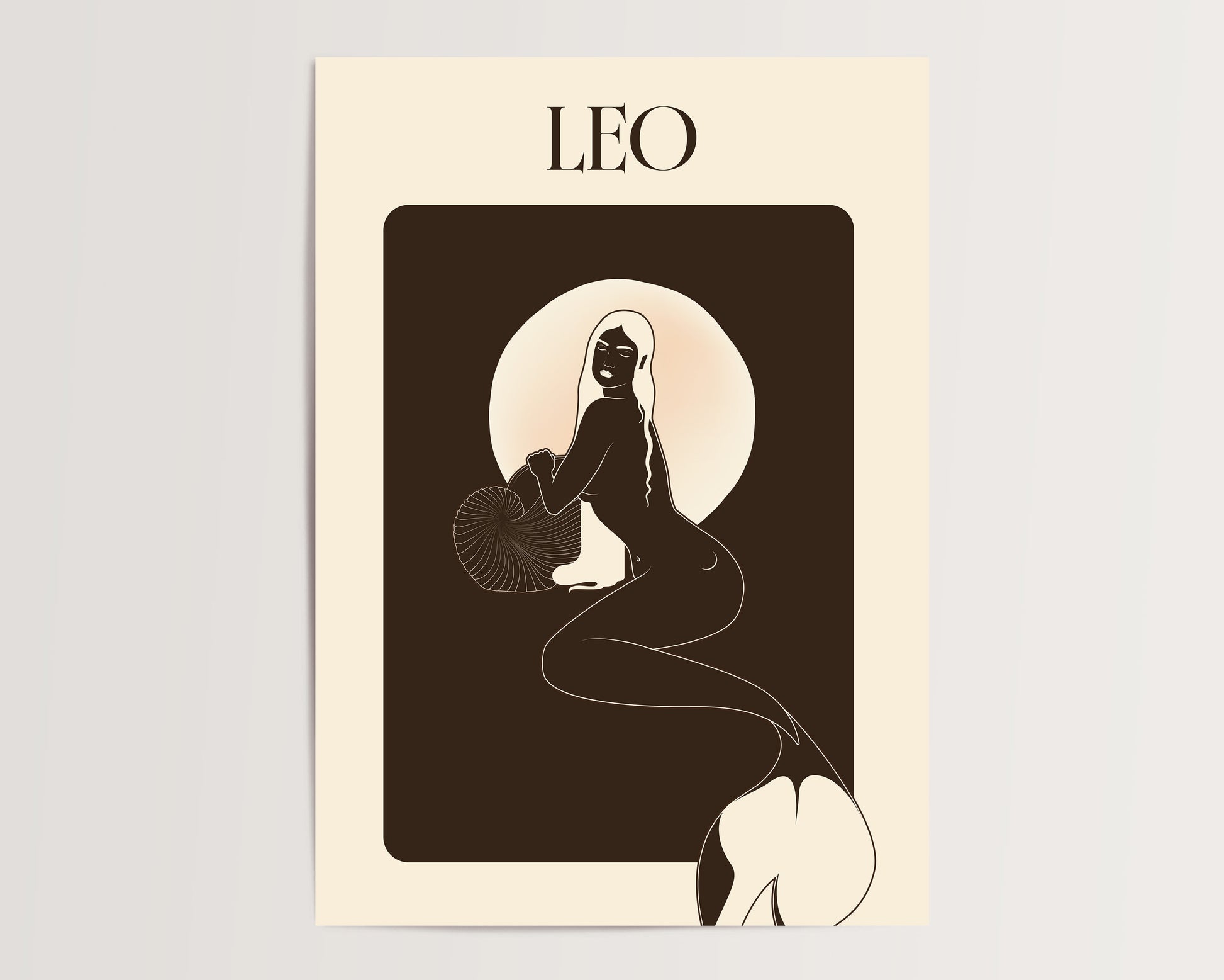 Leo zodiac sign illustration with silhouette of a woman against a moonlit sky on a beige background.