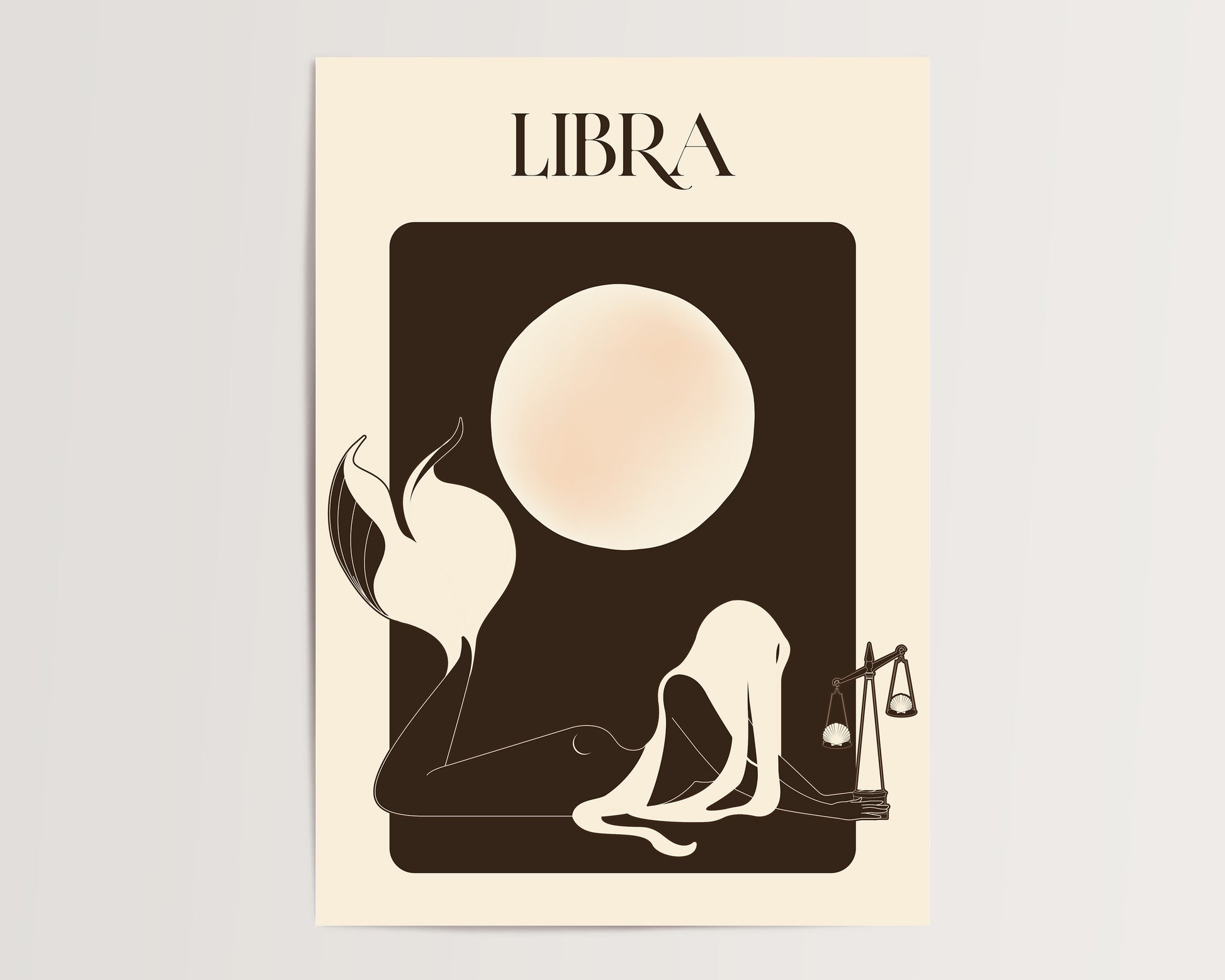 Mermaid Libra zodiac sign illustration with a balance scale and scales on a beige background