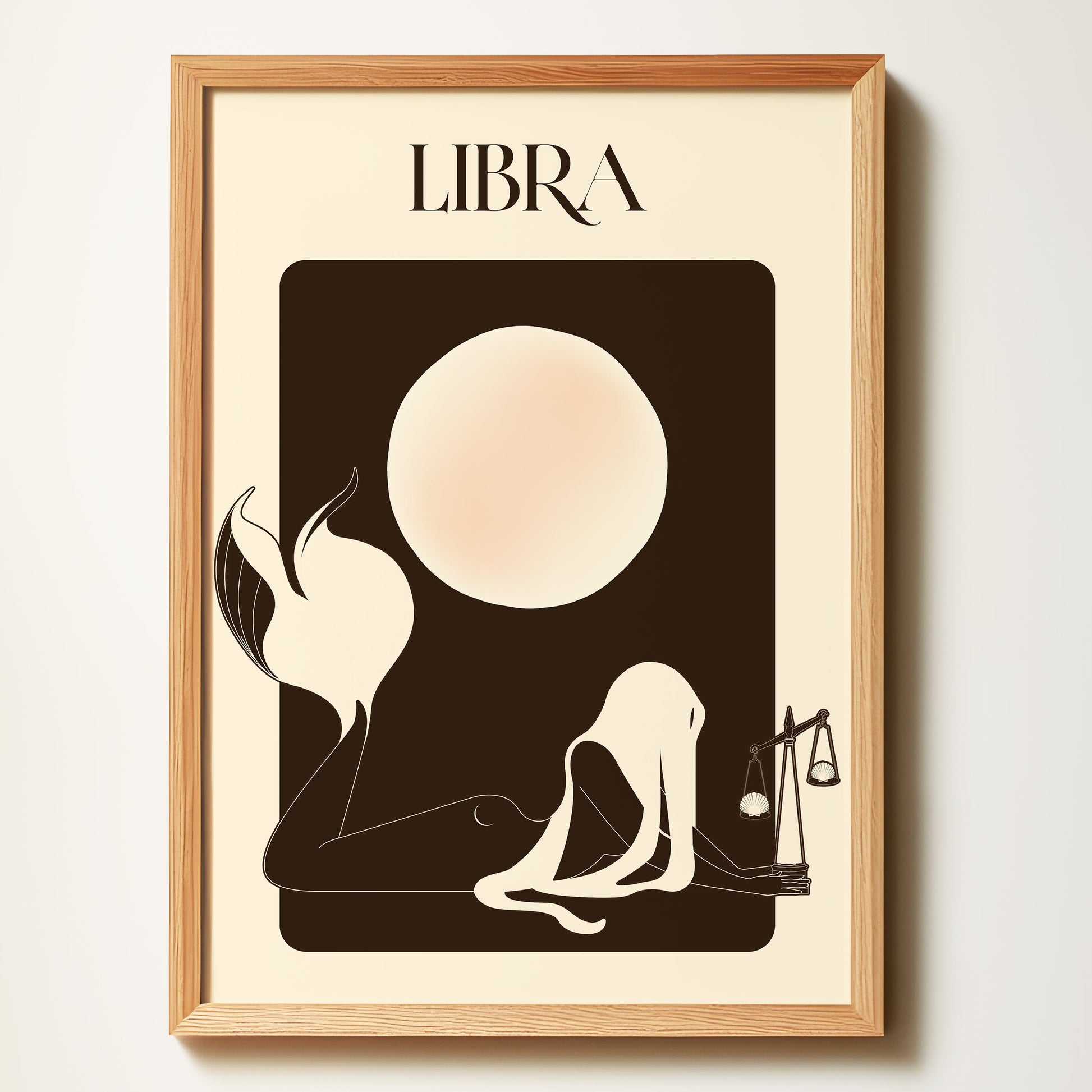 Artwork of a mermaid Libra zodiac sign with minimalistic design on a beige background