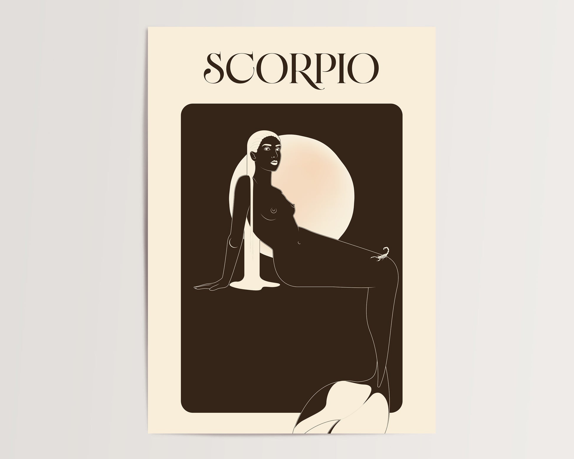 Zodiac poster for Scorpio with a stylized illustration of a woman against a beige background.