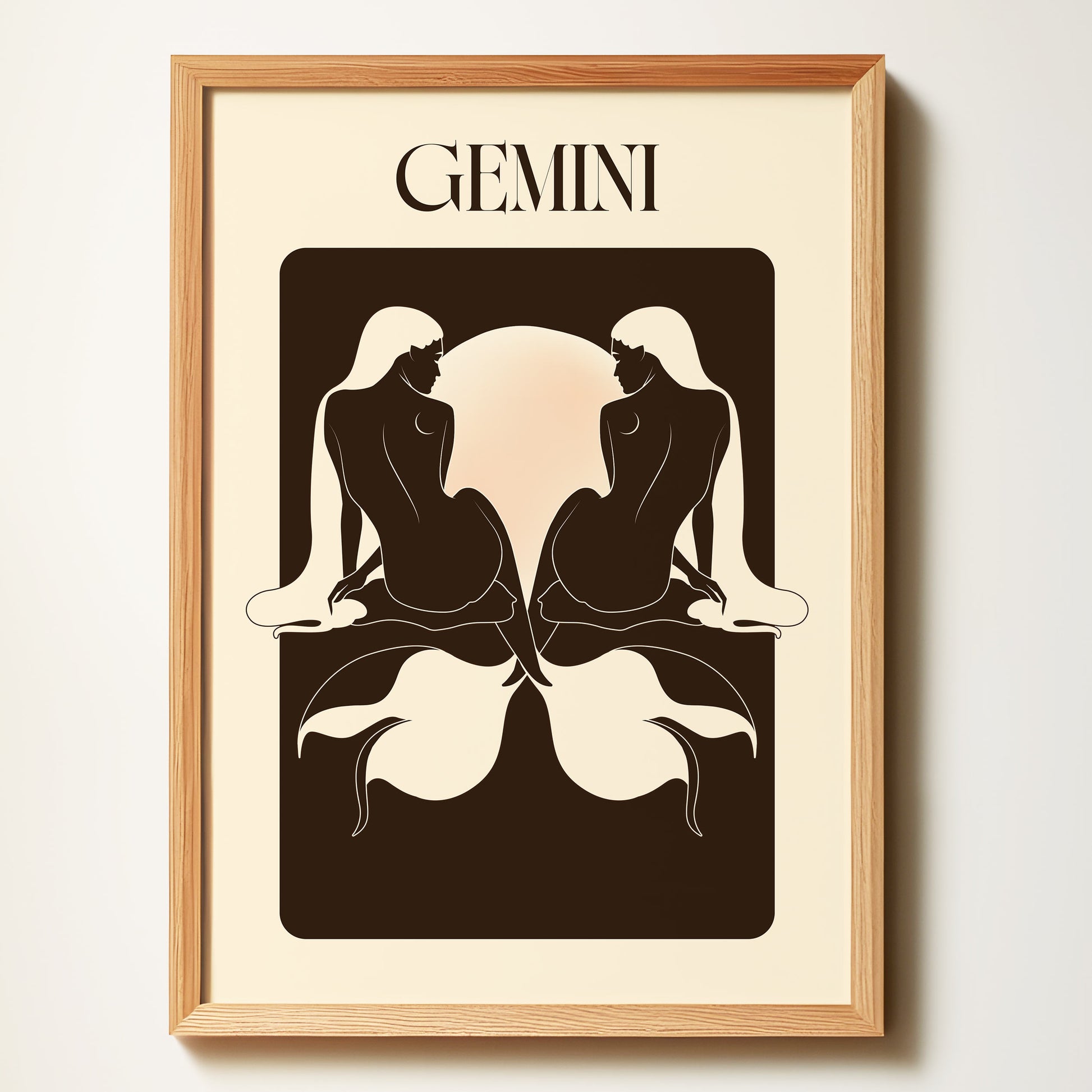 Framed artwork of Gemini zodiac sign with two figures on a beige background
