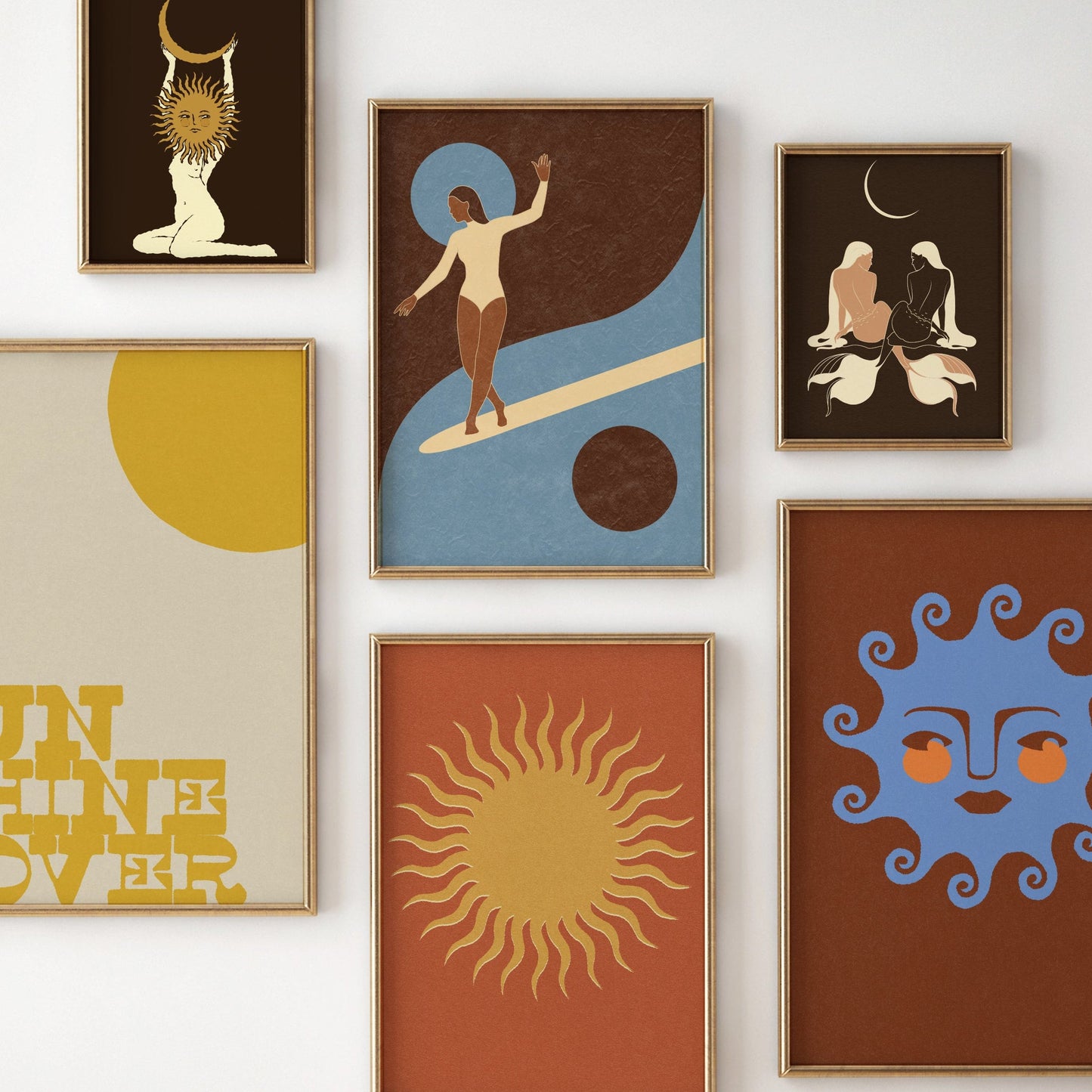 Set of six framed artworks on a white wall