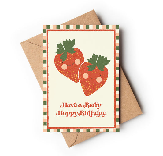 Greeting card with two strawberries and 'Have a Berry Happy Birthday' text on a white background