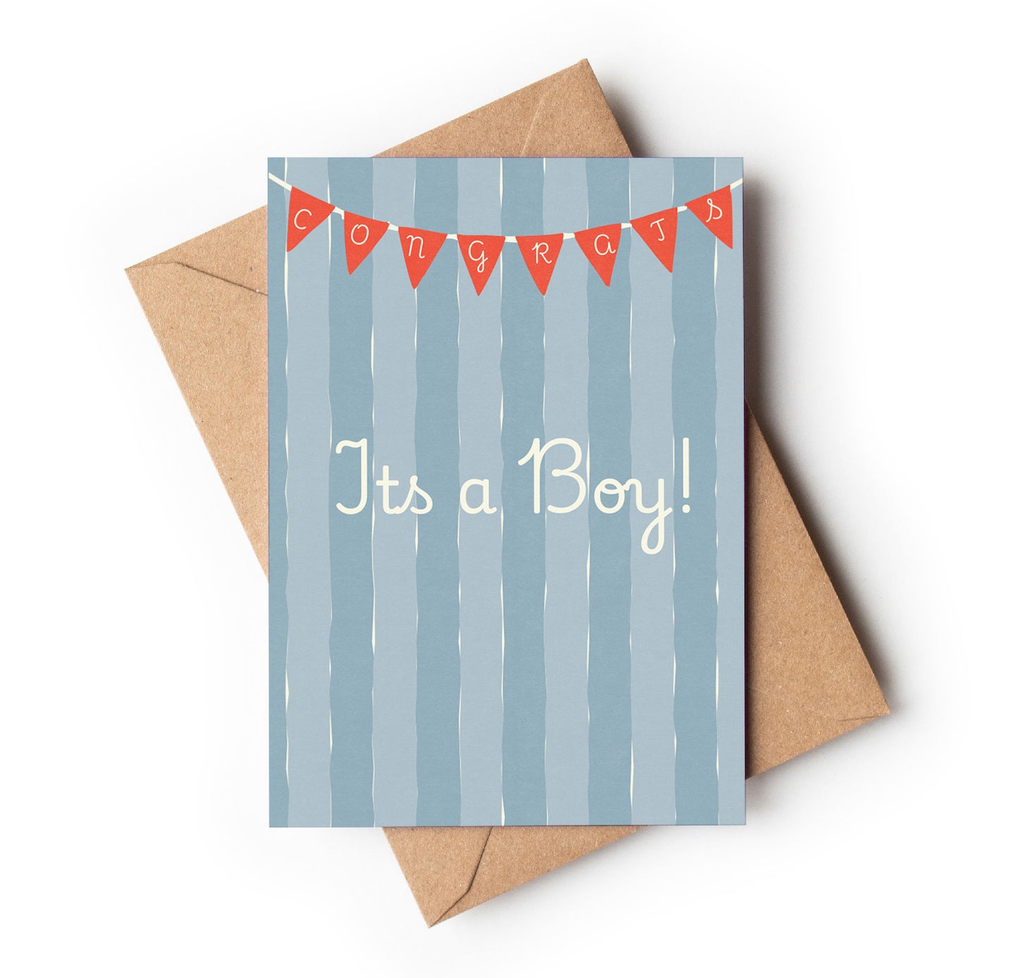 Baby shower card with 'It's a Boy!' text and red flags on a blue striped background, accompanied by a brown kraft envelope.