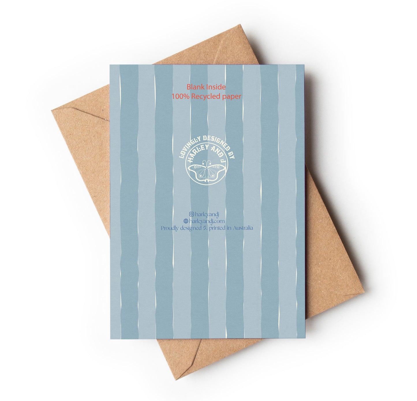 Blue striped card with text and a brown envelope on a white background