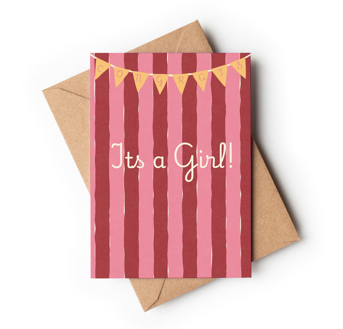 Baby shower striped card with 'It's a Girl!' text and brown envelope on white background