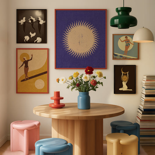 Colorful room interior with a wooden table, stools, and wall art.
