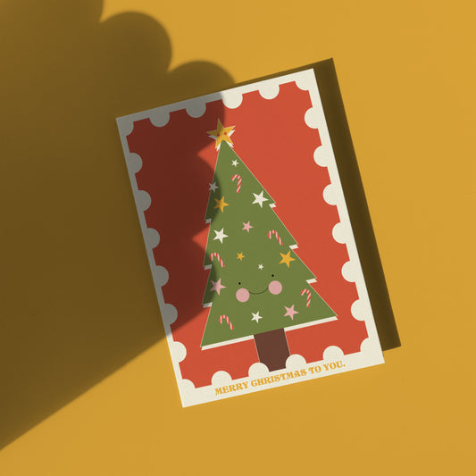 Retro Greeting card with a Christmas tree design on a yellow background