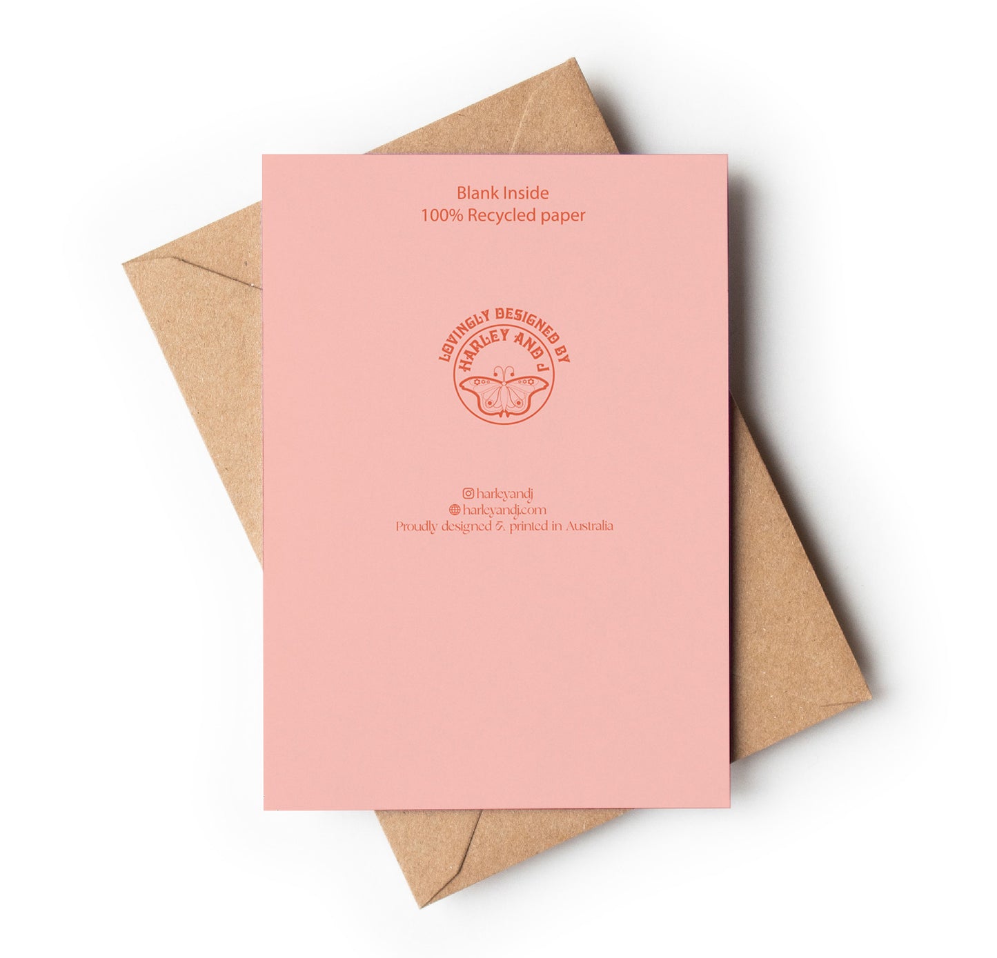 Back of Pink card with brown envelope on a white background