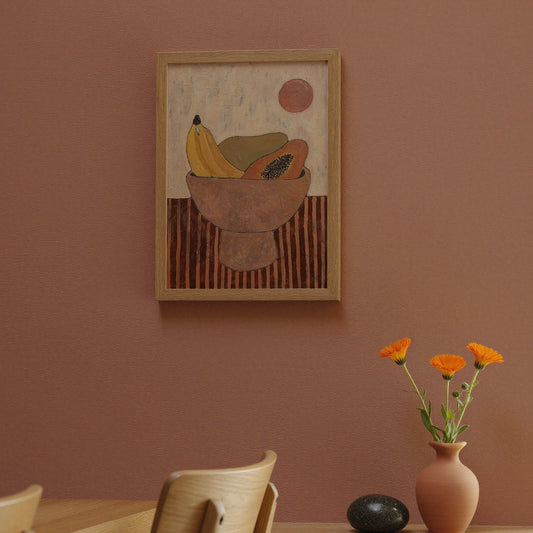 Fruit painting on colour drenched wall