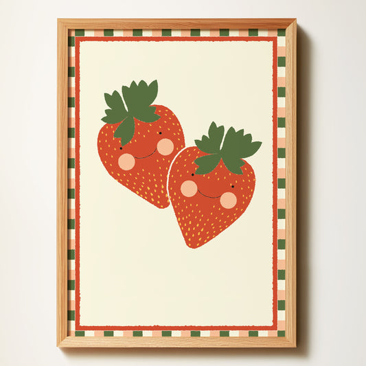 Framed artwork of two smiling strawberries with a checkered border on a beige background