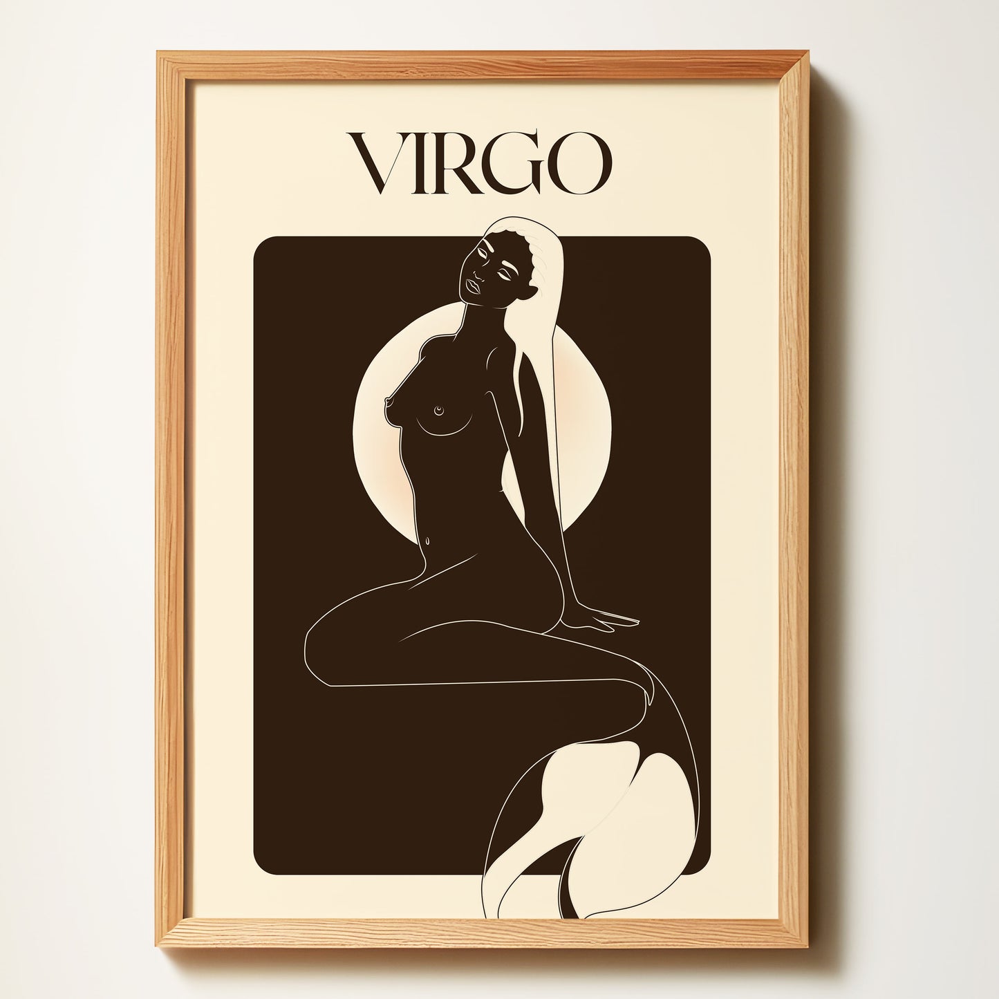 Framed artwork of a silhouette with 'Virgo' text on a beige background