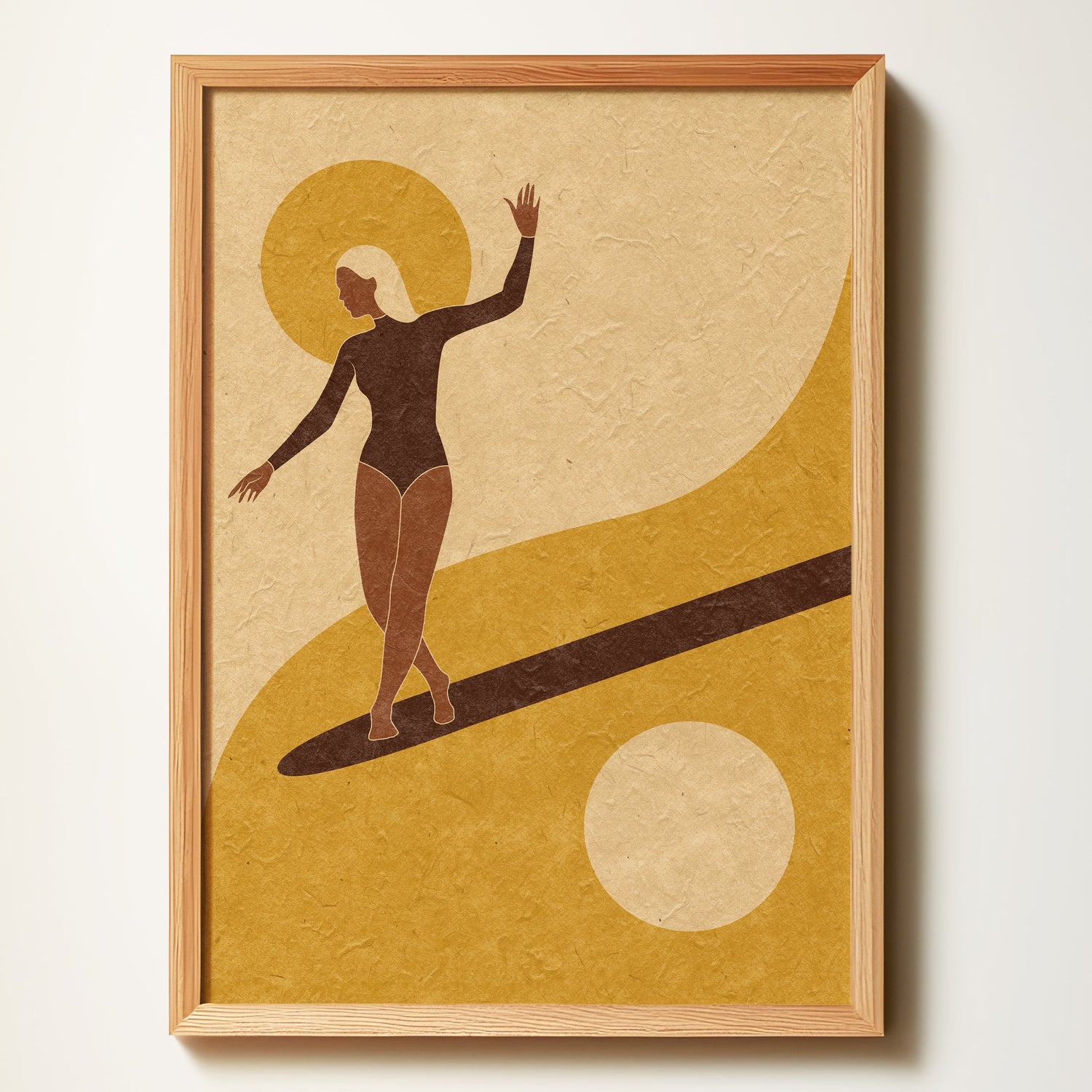 Framed artwork of a silhouette of a person on a surfboard with abstract shapes on a beige background