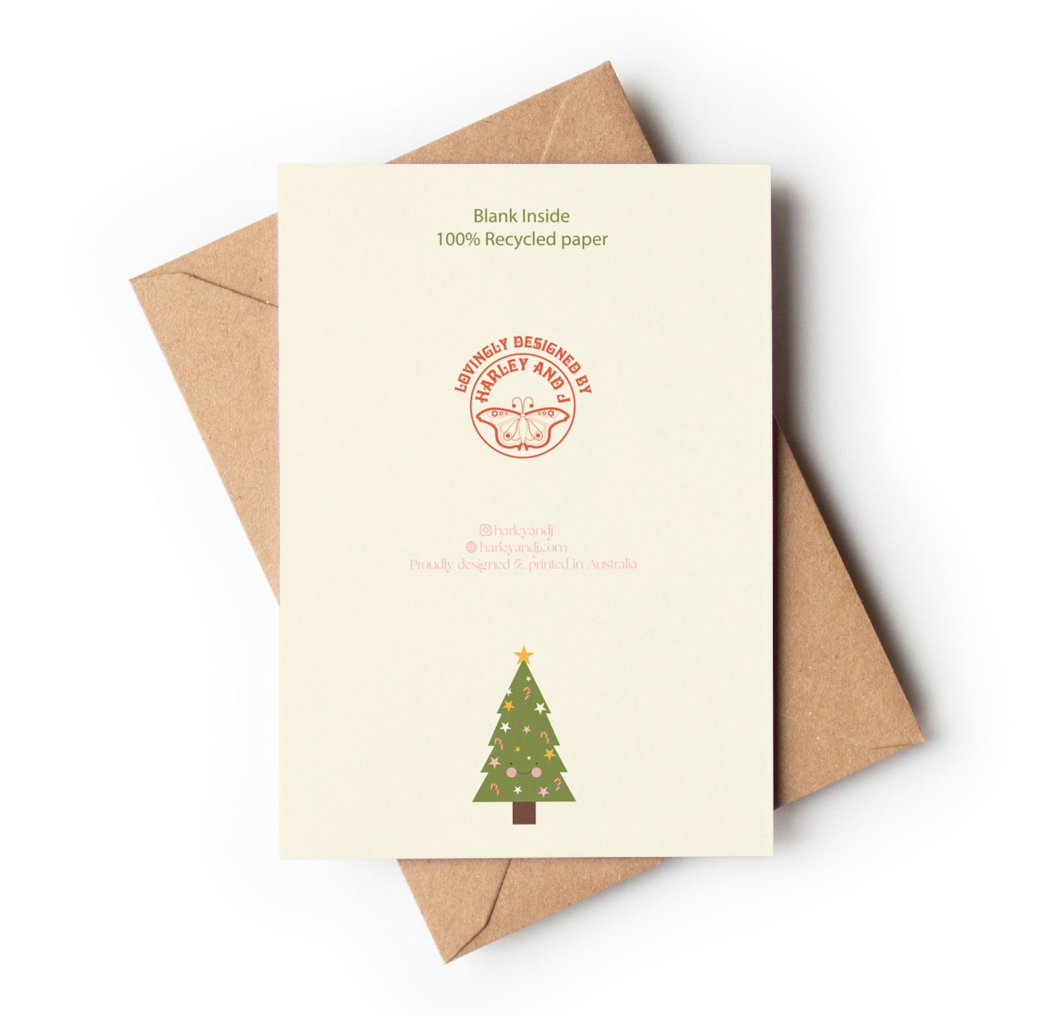 Back of Card with Christmas tree design and brown envelope on white background