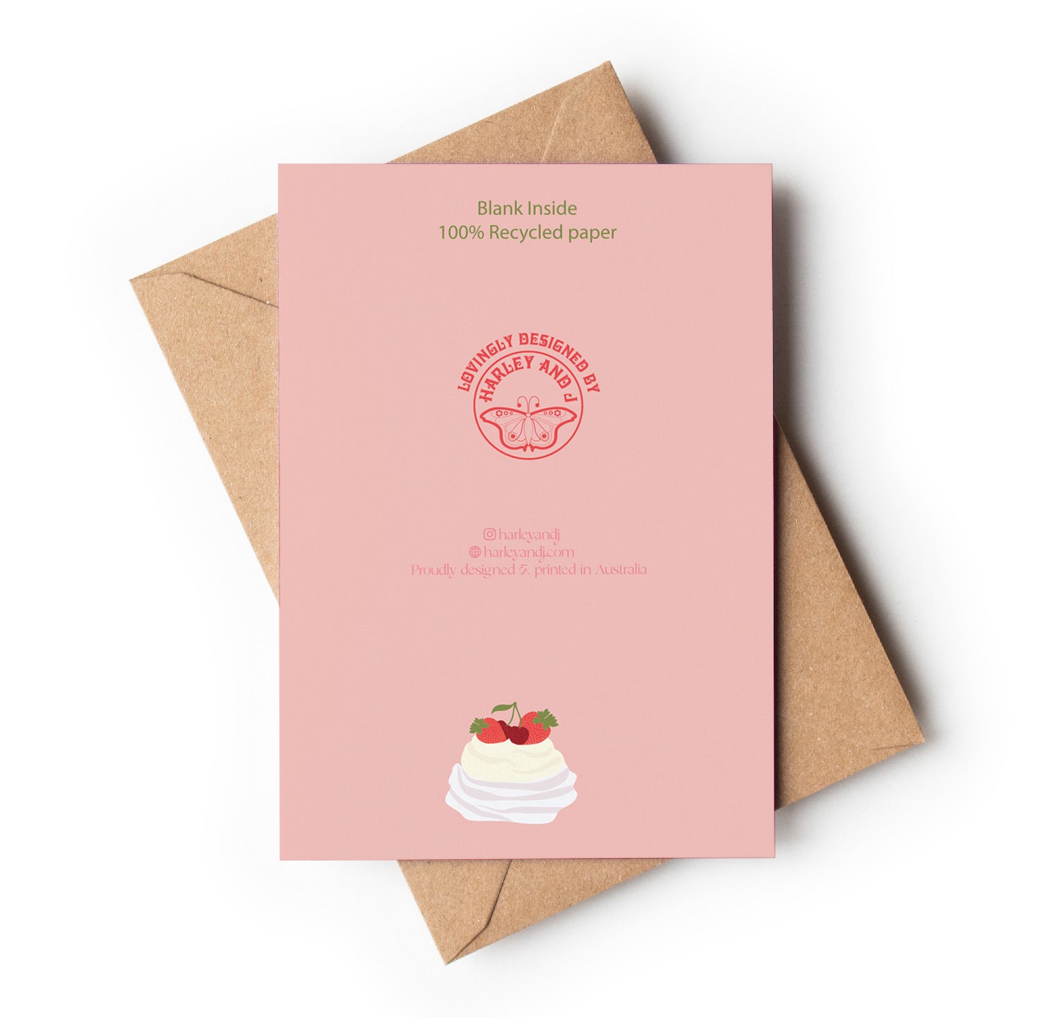 Pink card with a pavlova illustration and brown envelope on a white background