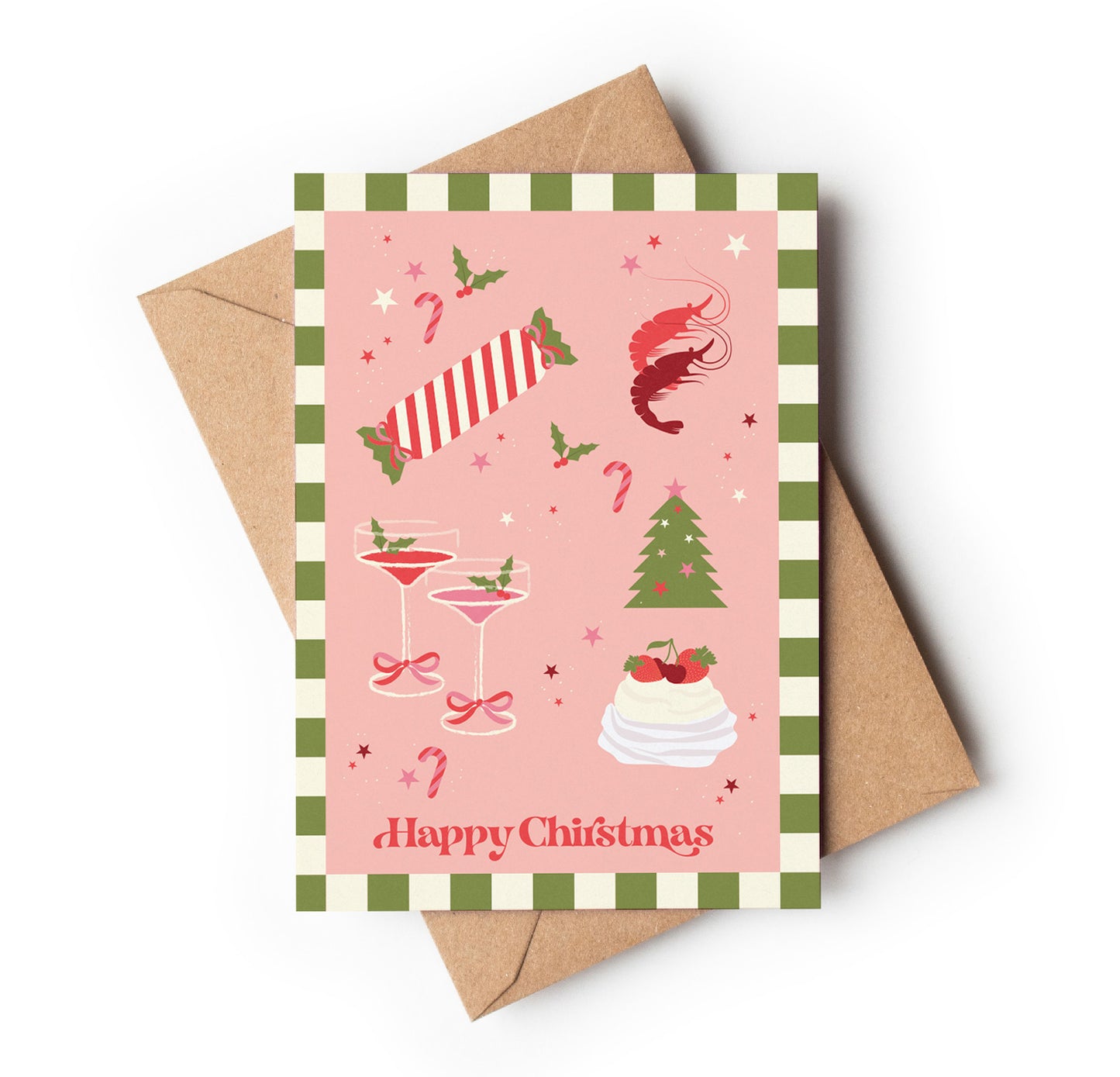 Christmas-themed card with festive illustrations and 'Happy Christmas' text, featuring a pink background.