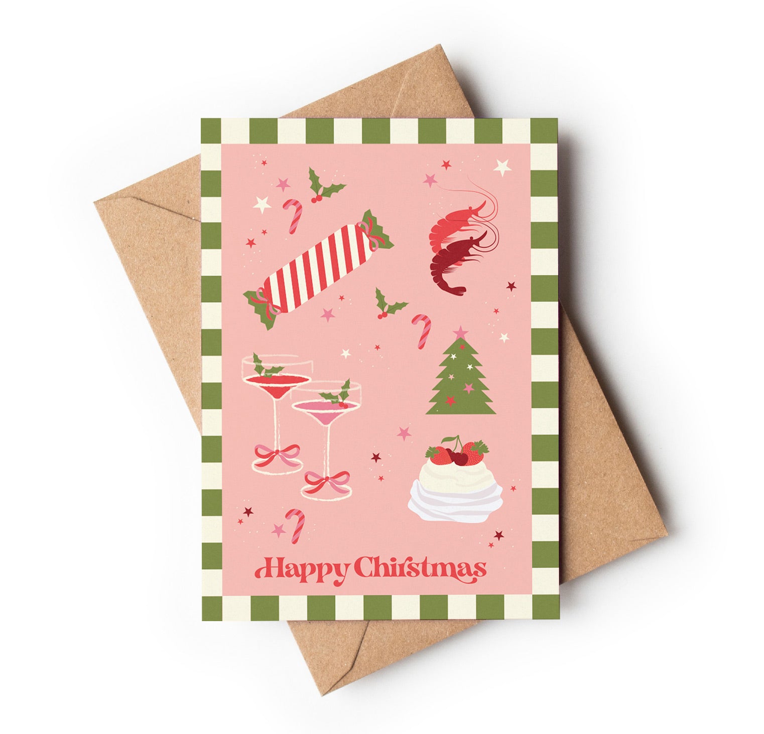 Christmas-themed card with festive illustrations and 'Happy Christmas' text, featuring a pink background.