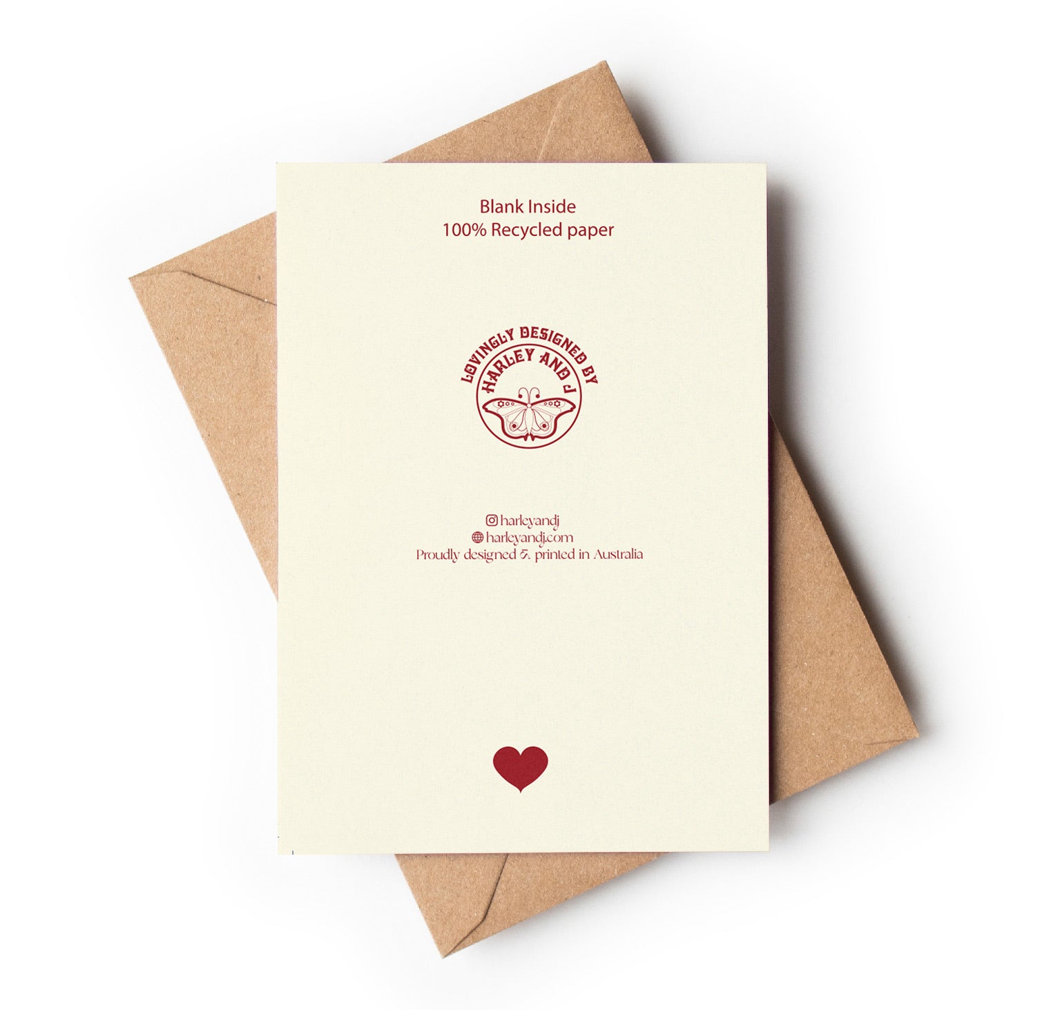 back of Card with a heart design and a brown envelope on a white background