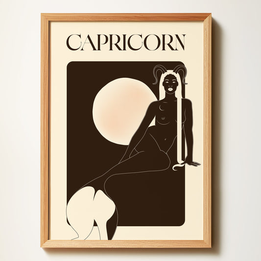 Framed artwork of a Capricorn zodiac sign with a silhouette of a person against a beige background.