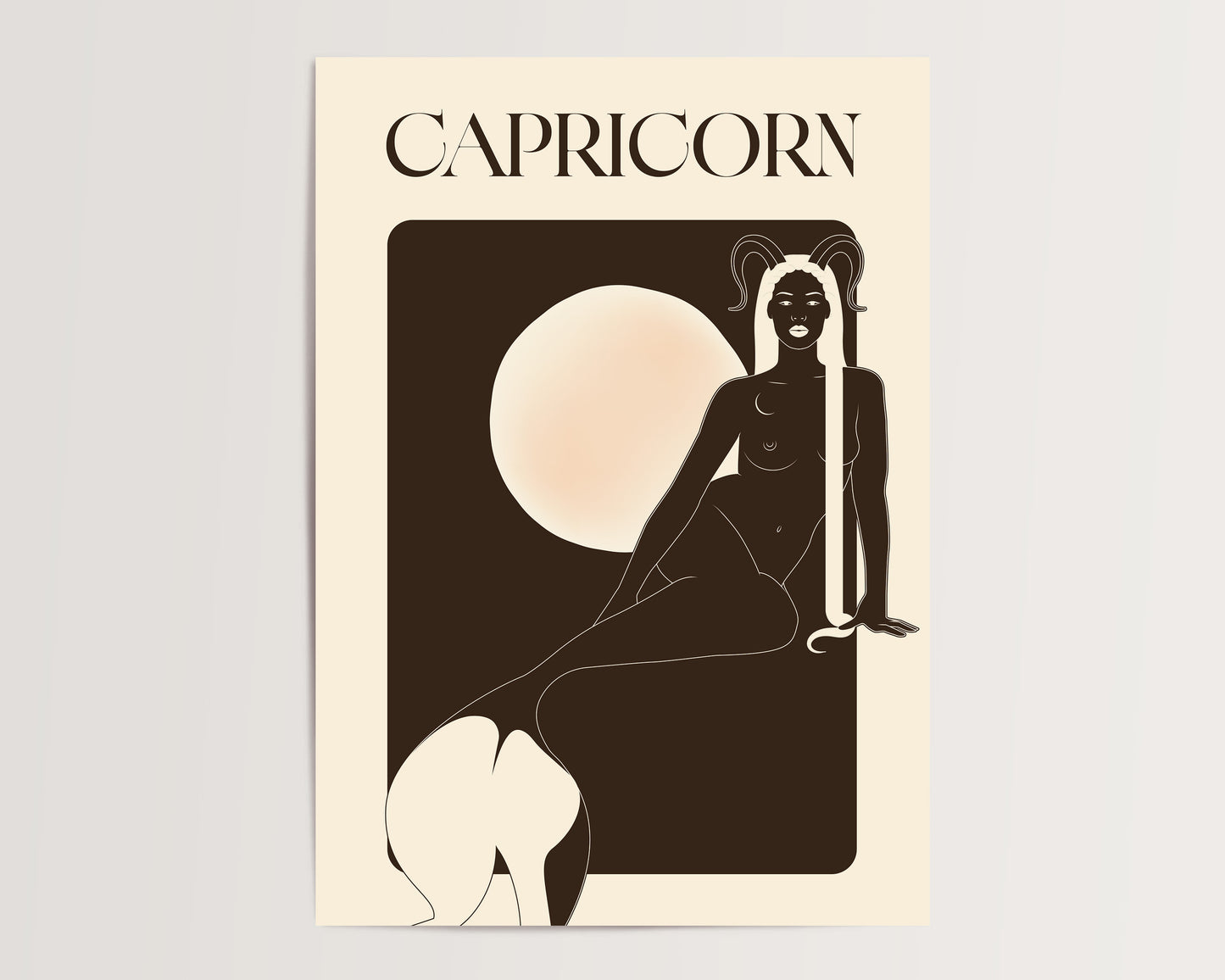 Capricorn zodiac sign illustration with a silhouette of a woman and a moon in the center on a beige background.