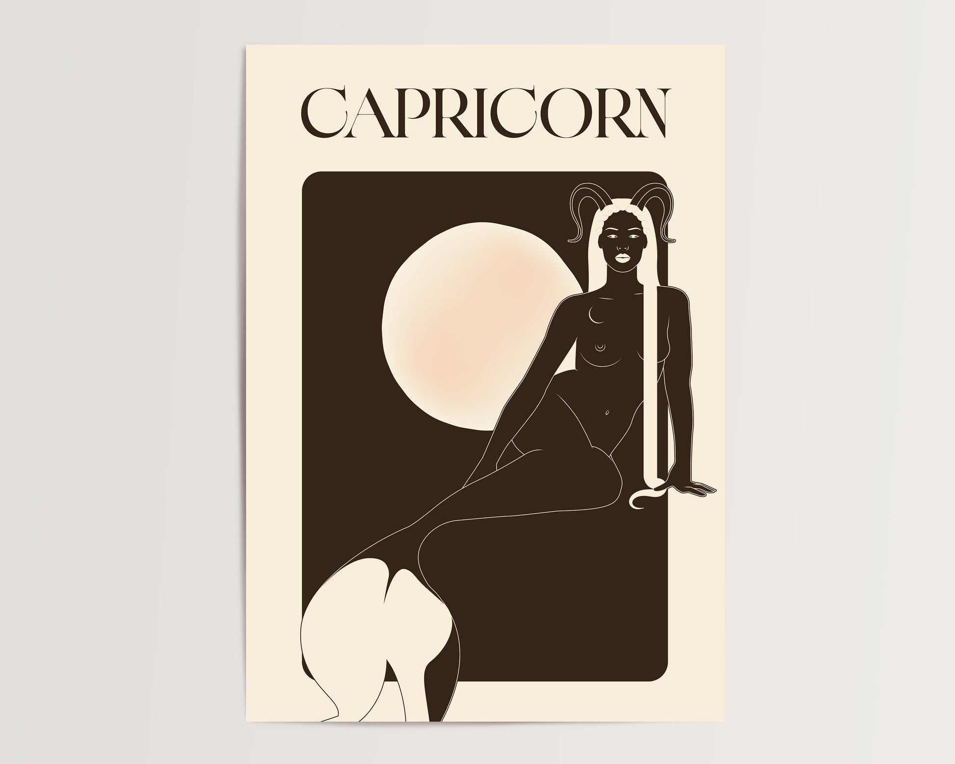 Capricorn zodiac sign illustration with a silhouette of a woman and a moon in the center on a beige background.