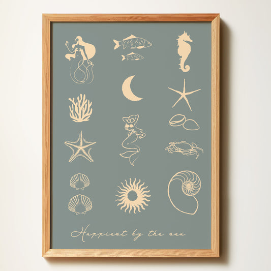 Framed artwork with sea-themed illustrations on a teal background
