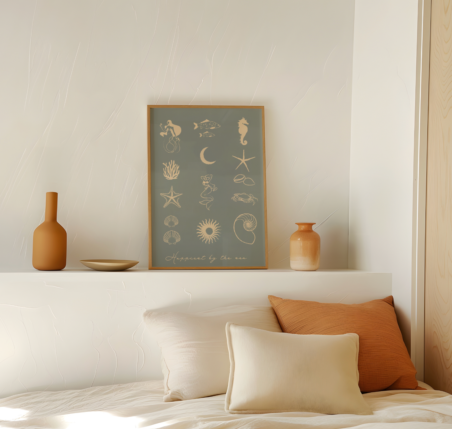 Decorative elements on a shelf above a bed with pillows.