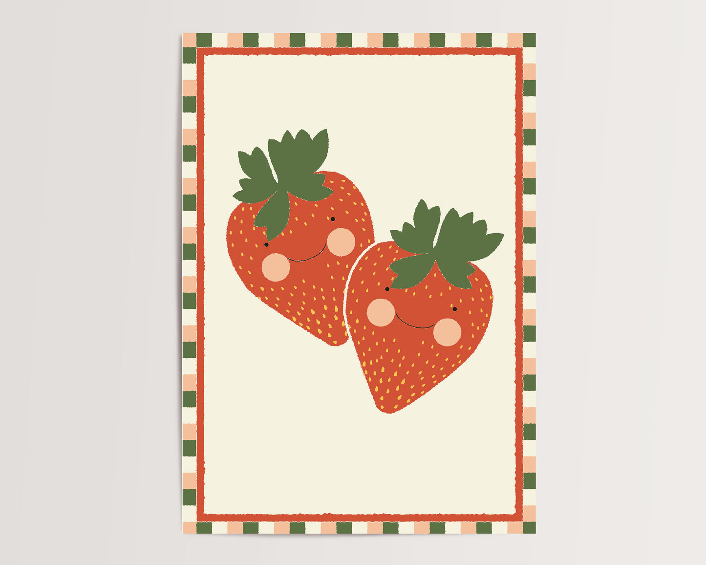 Two cartoon strawberries with smiling faces on a beige background with a green and orange border.