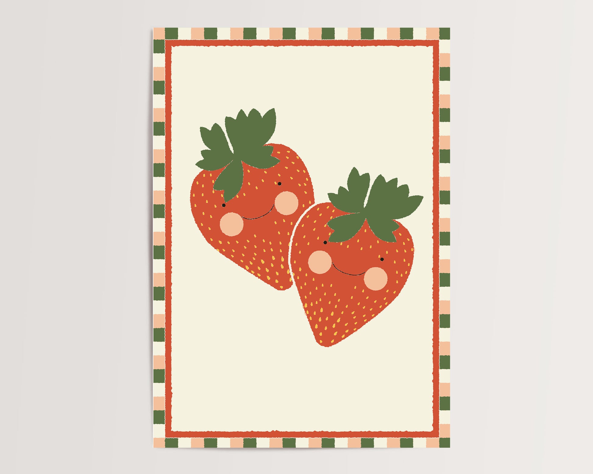 Two cartoon strawberries with smiling faces on a beige background with a green and orange border.