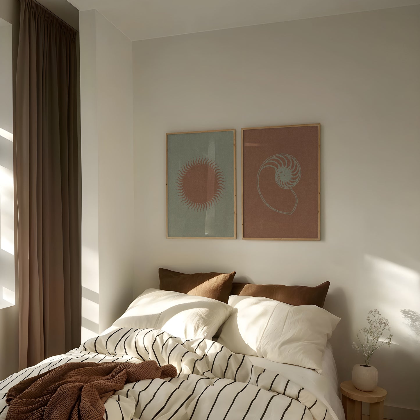 Cozy bedroom with a bed, pillows, and wall art.