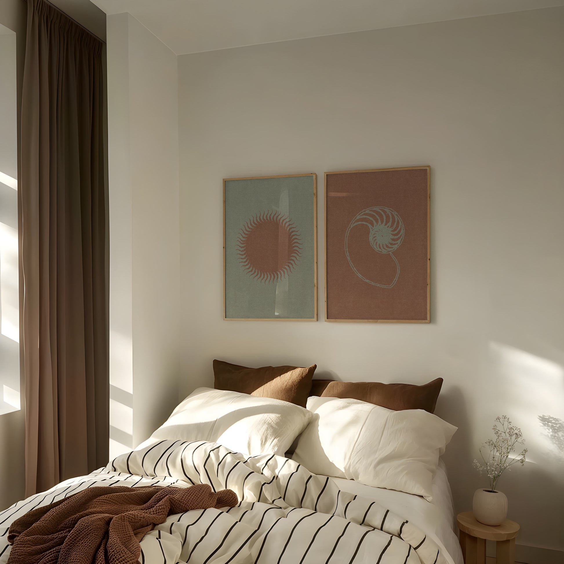 Cozy bedroom with a bed, pillows, and wall art.