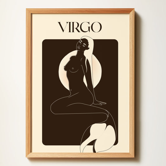 Framed artwork of a silhouette with 'Virgo' text on a beige background