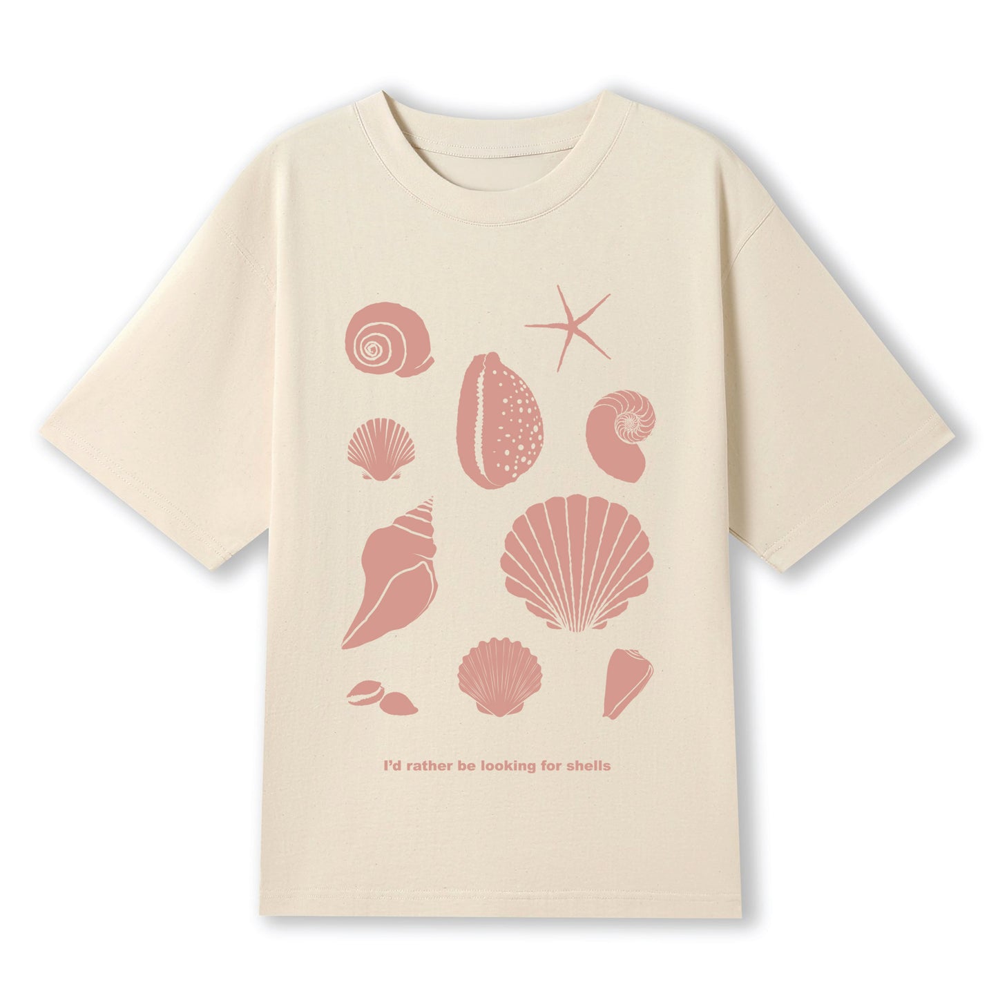 Beige t-shirt with pink shell designs and text on a white background