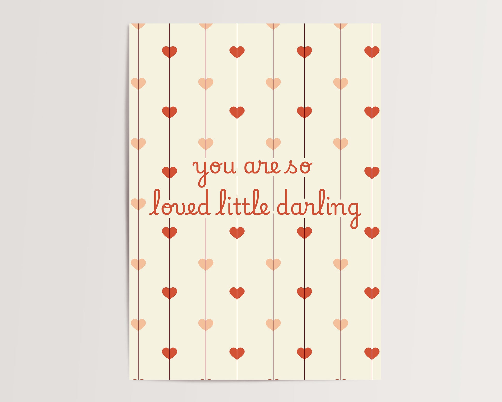art print with heart patterns and text 'you are so loved little darling' on a light background